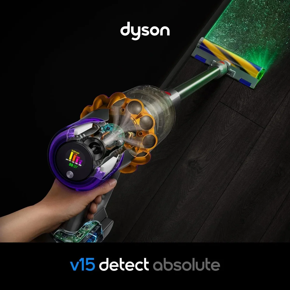 Akku-Stielsauger Dyson V15 Detect Absolute mit 240 AW Saugleistung und 0,76 l Staubbehälter