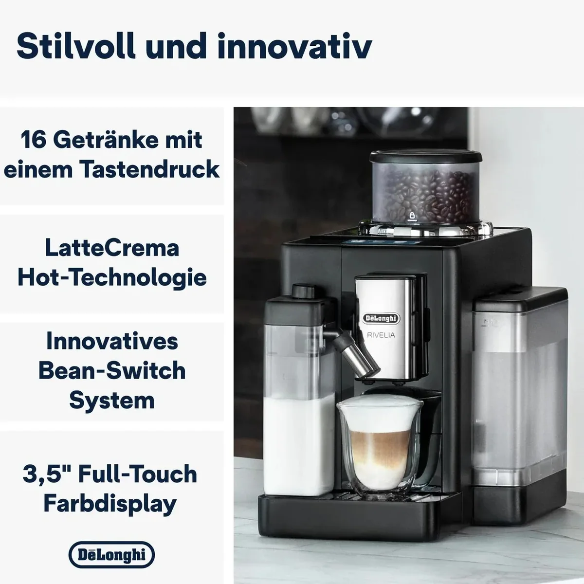 Kaffeevollautomat De'Longhi Rivelia EXAM440.55.B mit 2 Bohnenbehältern und 0,7 l Milchkaraffe