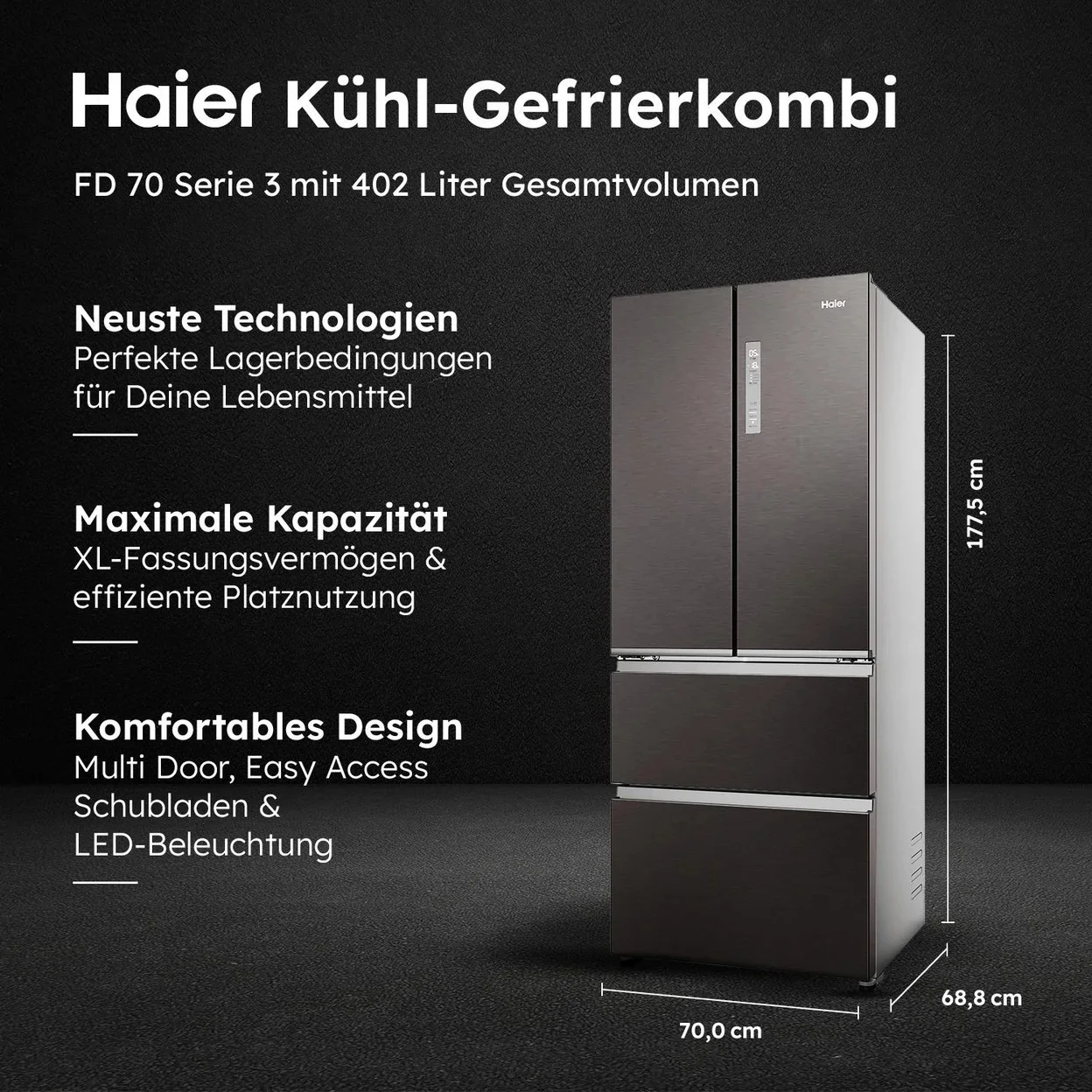 French-Door-Kühlgefrierkombination Haier HFR3718ENMD mit 402 l Gesamtinhalt und 70 cm Breite