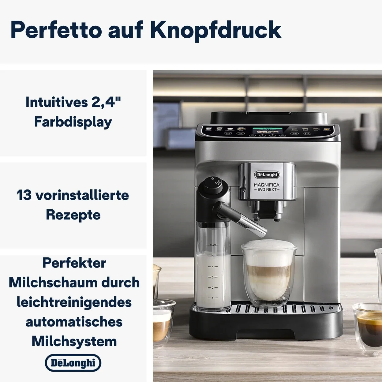 Kaffeevollautomat De'Longhi Magnifica Evo Next ECAM310.80.SB mit 1,9 l Wassertank und 15 bar Pumpend