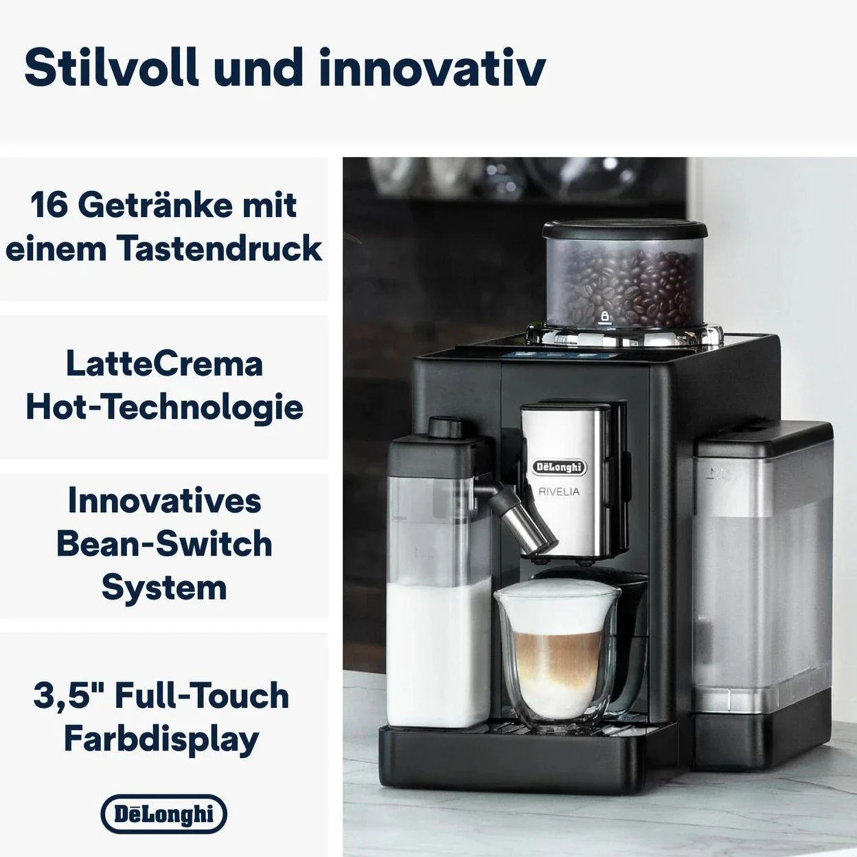 Kaffeevollautomat De'Longhi Rivelia EXAM440.55.B mit 2 Bohnenbehältern und 0,7 l Milchkaraffe