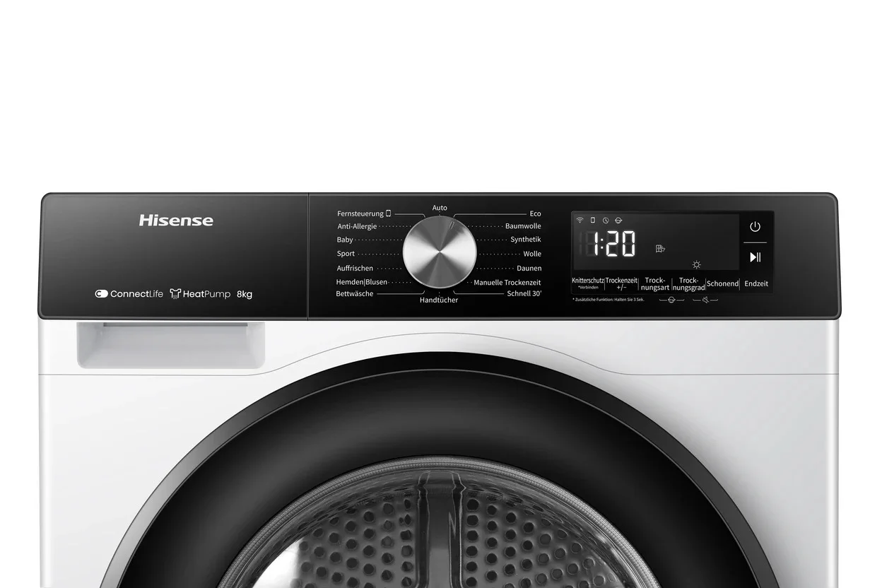 Wärmepumpentrockner Hisense DH3S802BW3 mit 8 kg Füllmenge und 100 l Edelstahltrommel