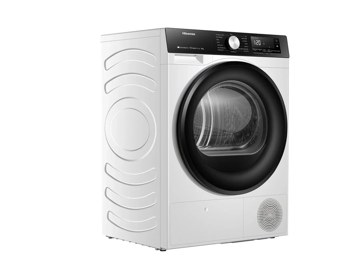 Wärmepumpentrockner Hisense DH3S802BW3 mit 8 kg Füllmenge und 100 l Edelstahltrommel